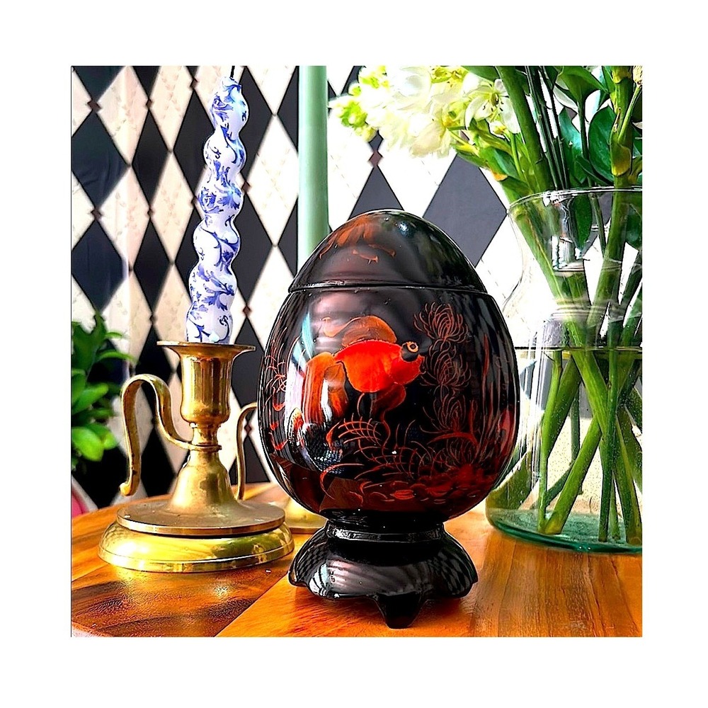 Vintage Asian Black Lacquerware Egg-Shaped Box 6" Vase & Lid Gold Fish Motif